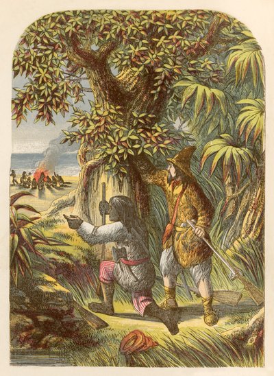 Robinson Crusoe en Vrijdag die de wilden aanvallen door Alexander Francis Lydon